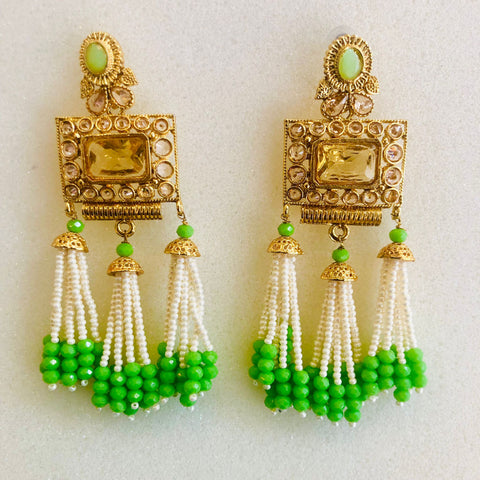 Gold Plated Kundan Green And White Pearl Drop Earrings