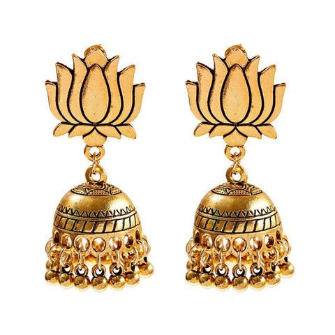 Ethnic Graceful Lotus Shape Oxidised Jhumki Earrings (E849)