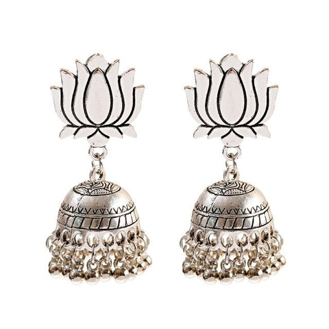 Ethnic Graceful Lotus Shape Oxidised Jhumki Earrings (E849)