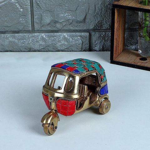 Gemstone Work Vintage Style Auto Rickshaw Miniature Brass Decor Showpiece (4.5 x 2.4 x 3 Inches, Multicolored)