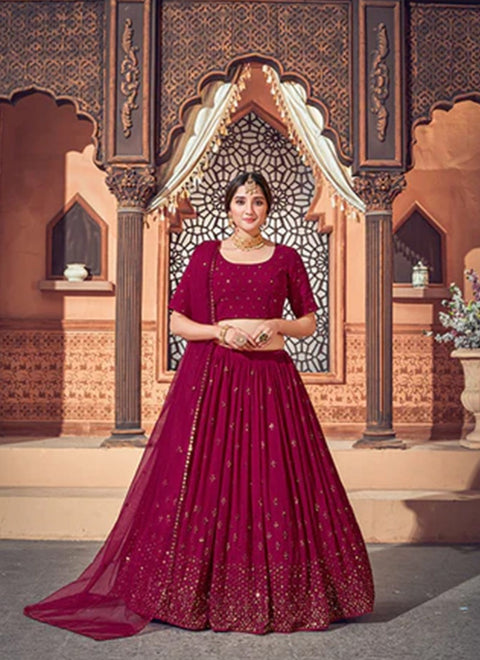 Designer Wine Color Georgette Thread With Sequins Embroidered Lehenga Choli (D217)