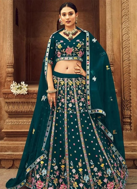 Designer Teal Green Color Georgette Thread With Sequence Embroidered Lehenga Choli (D207)