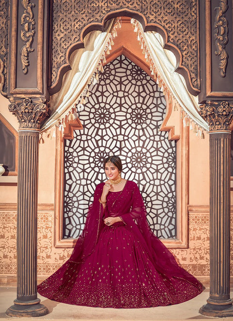 Designer Wine Color Georgette Thread With Sequins Embroidered Lehenga Choli (D217)