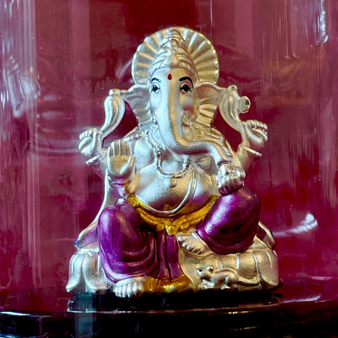999 Pure Silver Oval Ganesha in Purple Dhothi Idol