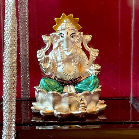999 Pure Silver Rectangular Ganesh On Lotus Idol