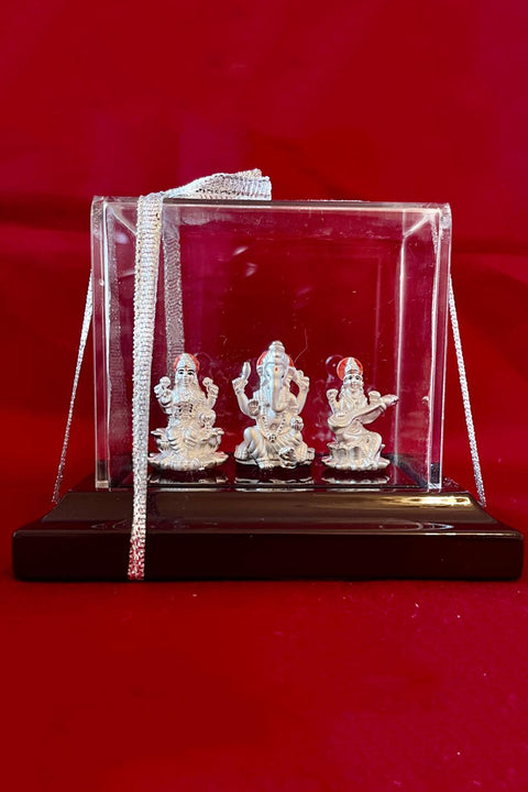 999 Pure Silver Rectangular Auspicious Lakshmi Ganesh Saraswathi Idol