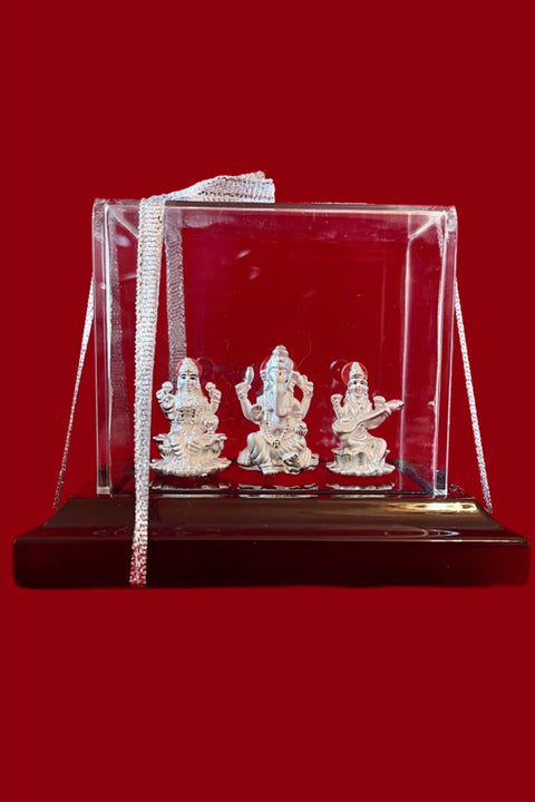 999 Pure Silver Rectangular Auspicious Lakshmi Ganesh Saraswathi Idol