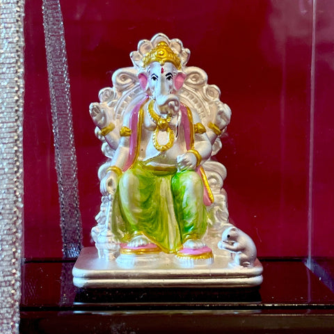 999 Pure Silver Rectangular Ganesha in Green Dhothi Idol