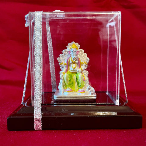 999 Pure Silver Rectangular Ganesha in Green Dhothi Idol