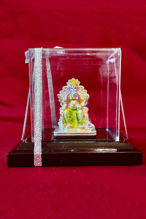 999 Pure Silver Rectangular Ganesha in Green Dhothi Idol