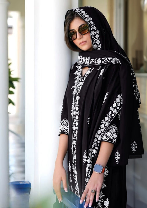 Designer Black Color Suit with Sharara & Dupatta in Mal- Mal Cotton (D1013)