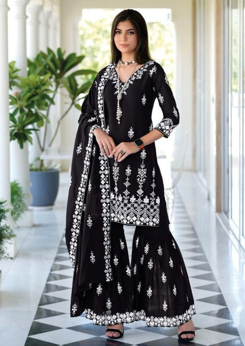 Designer Black Color Suit with Sharara & Dupatta in Mal- Mal Cotton (D1013)