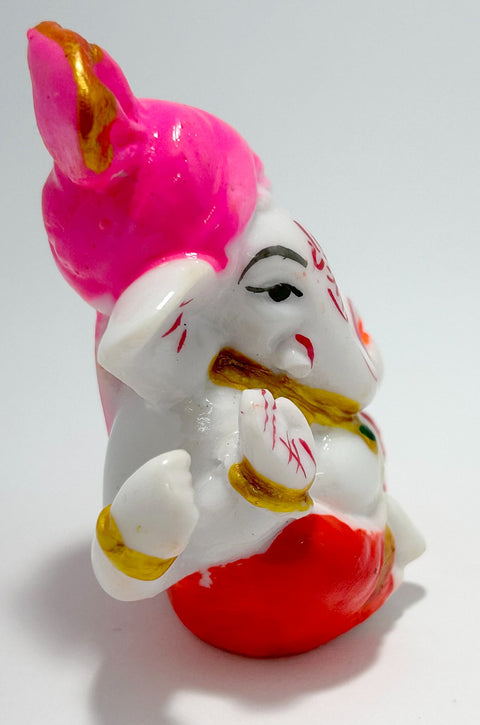 Ganesh Blessings: Ceramic Lord Ganesh Idol for Worship and Home Décor (Red Dhoti with Pink Turban) (Design 181)