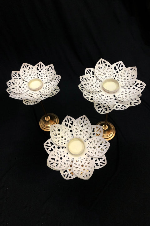 Golden White Beautiful Tealight Holder Stylishly Shaped Lotus Candle Stand Set Of 3 (Design 144)