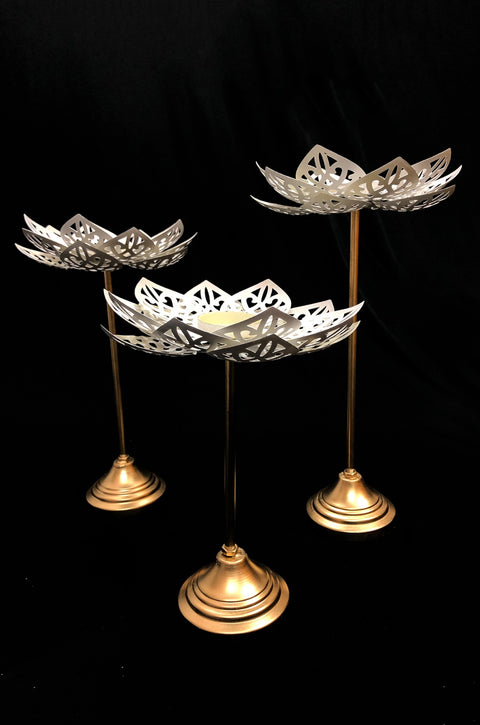 Golden White Beautiful Tealight Holder Stylishly Shaped Lotus Candle Stand Set Of 3 (Design 144)