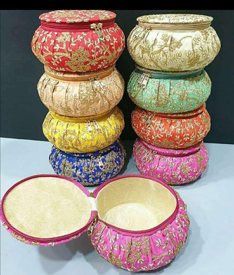 Handmade Golden Embroidery Jewelry & Bangle Box, Handmade Matki, Indian Wedding Gift Box, Pooja Return Gifts