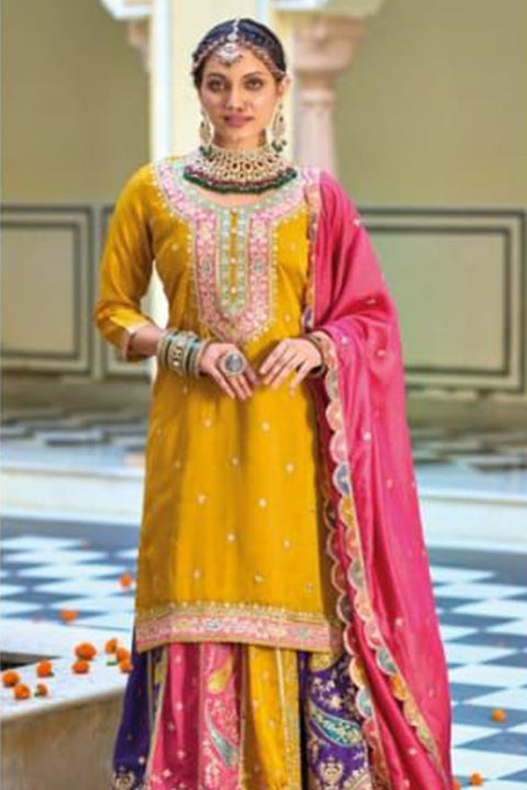 Designer Mustard Color Suit with Skirt & Dupatta in Silk With Emboidery Work (D1033)
