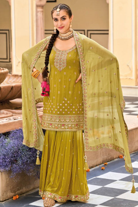 Designer Mehandi Color Suit with Sharara & Dupatta in Heavy Chinon (D1037)