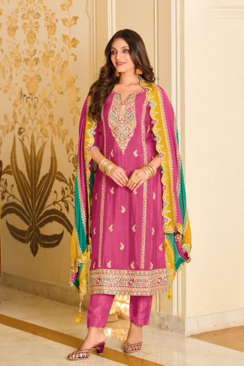 Designer Pink Color Suit with Pant & Dupatta in Silk With Emboidery Work (D1036)