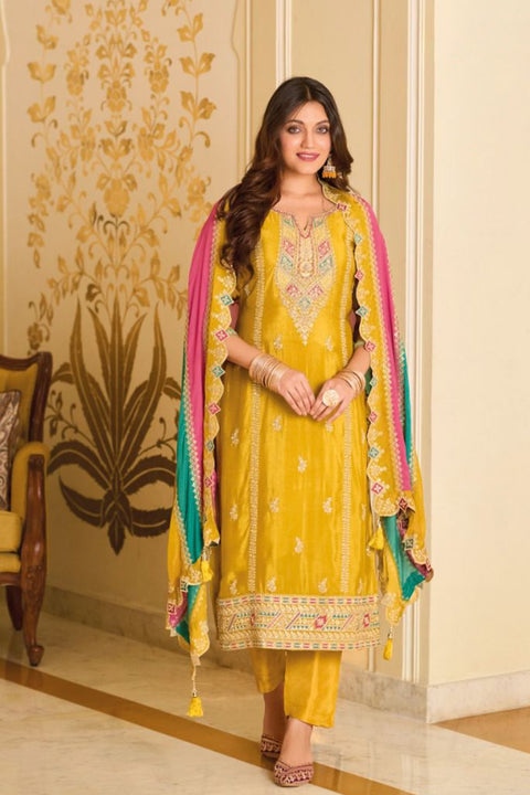 Designer Mustard Color Suit with Pant & Dupatta in Silk With Emboidery Work (D1035)