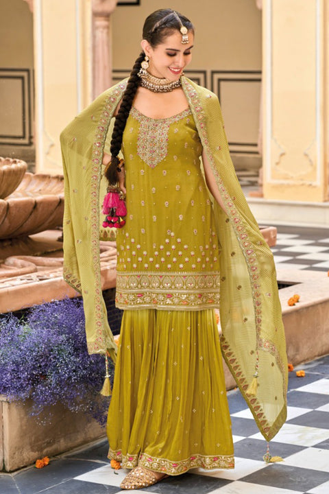 Designer Mehandi Color Suit with Sharara & Dupatta in Heavy Chinon (D1037)