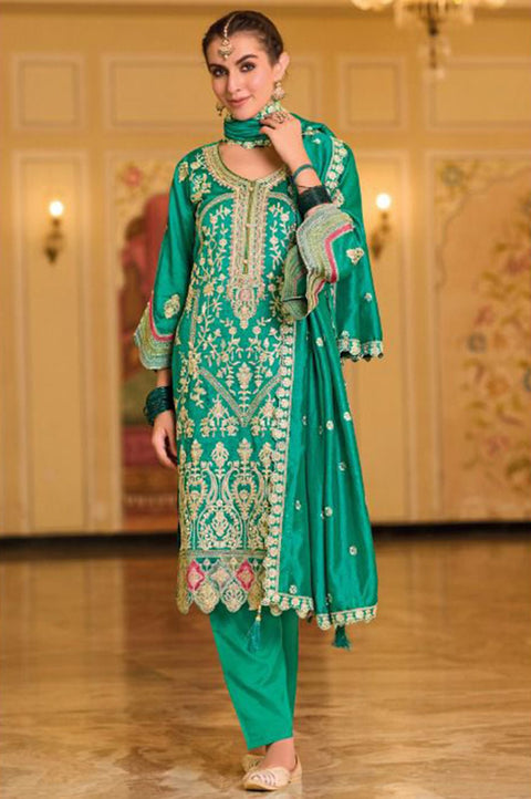 Designer Green Color Suit with Pant & Dupatta in Silk With Emboidery Work (D1040)