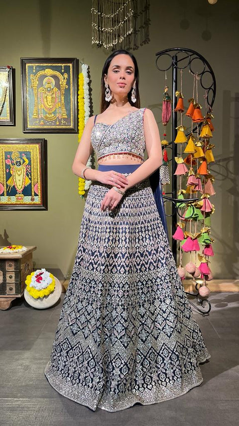 Designer Navy Blue Color Georgette Multi Embroidery Wedding Lehenga Choli (D296)