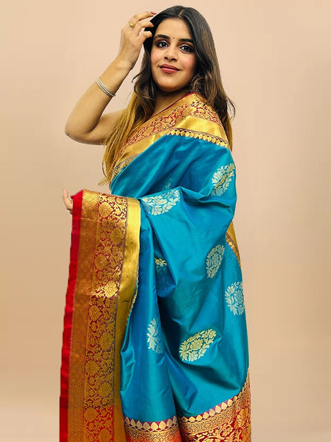 Designer Blue/Red Pure Zari And Kanchipuram Pure Soft Silk Sarees (D718)