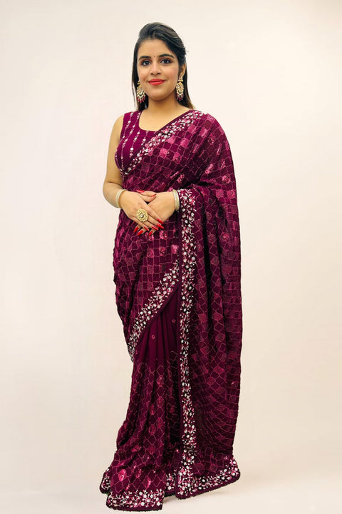 Magenta Color Pure georgette Fabric saree with beautiful embroidery And all over sequins work (D725)