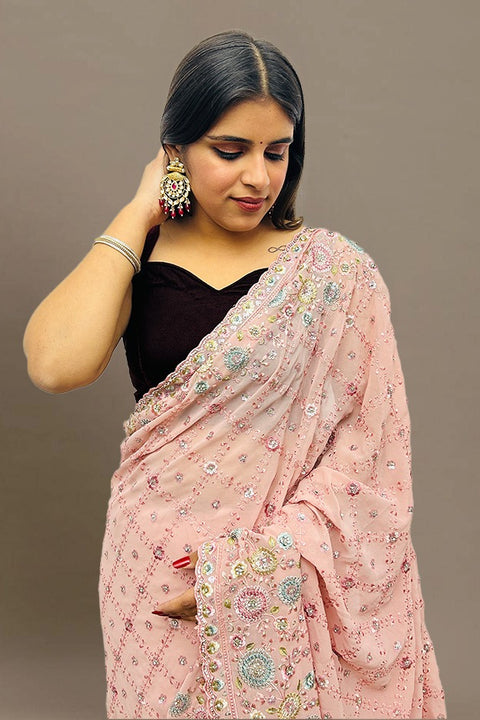 Designer Baby Pink Georgette Saree with Sequins Embroidery & Handwork (D719)