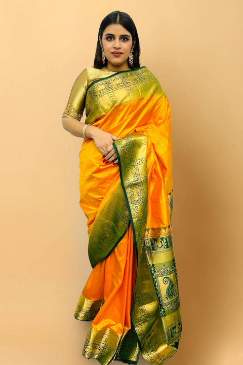 Designer Yellow/Green Pure Zari And Kanchipuram Pure Soft Silk Sarees (D716)