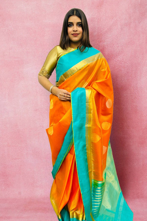 Designer Orange/Sky Blue Pure Zari And Kanchipuram Pure Soft Silk Sarees (D715)