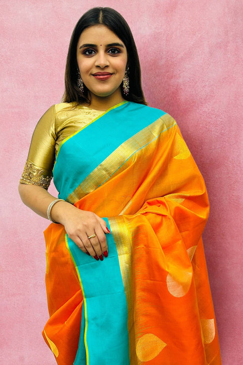 Designer Orange/Sky Blue Pure Zari And Kanchipuram Pure Soft Silk Sarees (D715)