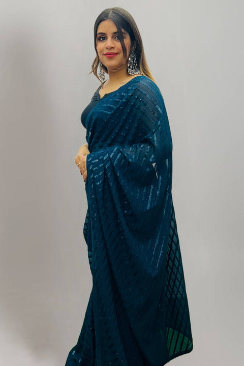 Teal Blue Color Pure georgette Fabric saree with beautiful embroidery And all over sequins work (D726)
