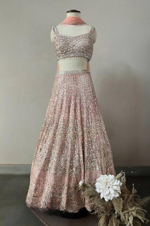 Peach Sequins Embroidered Lehenga Set For Party Wear (D359)