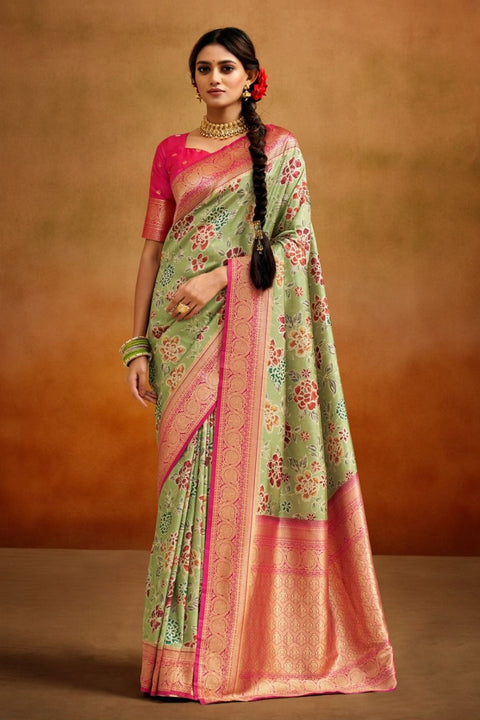 Pista Green Kalamkari Banarasi Silk Jacquard Woven With Digital Print Saree With Blouse (D735)