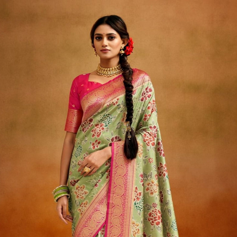 Pista Green Kalamkari Banarasi Silk Jacquard Woven With Digital Print Saree With Blouse (D735)