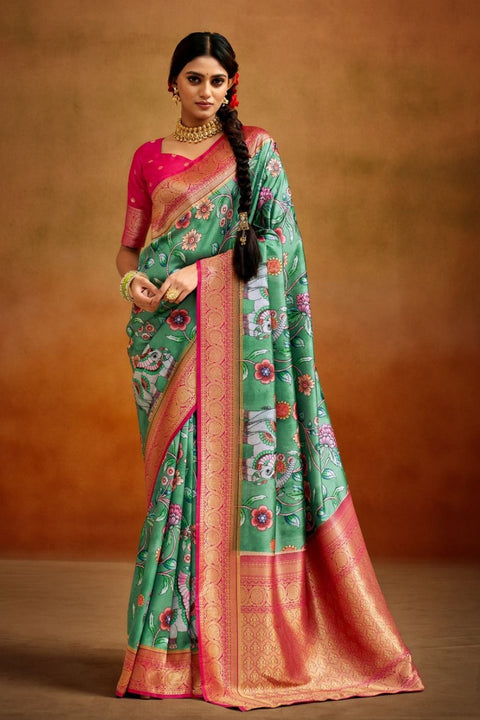Green Kalamkari Banarasi Silk Jacquard Woven With Digital Print Saree With Blouse (D733)