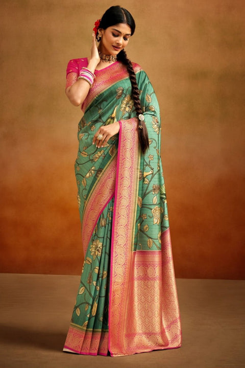 Amazing Green Kalamkari Banarasi Silk Jacquard Woven With Digital Print Saree With Blouse (D736)