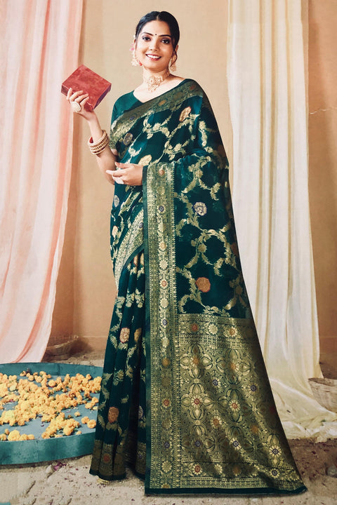 Designer Sea Green Color Soft Banarasi Silk Saree With Golden Zari (D750)