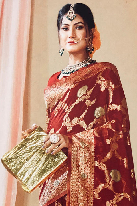 Designer Red Color Soft Banarasi Silk Saree With Golden Zari (D751)