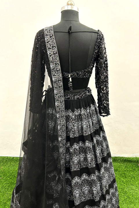 Black Georgette Cutdana Embroidered Lehenga Set For Party Wear (D384)