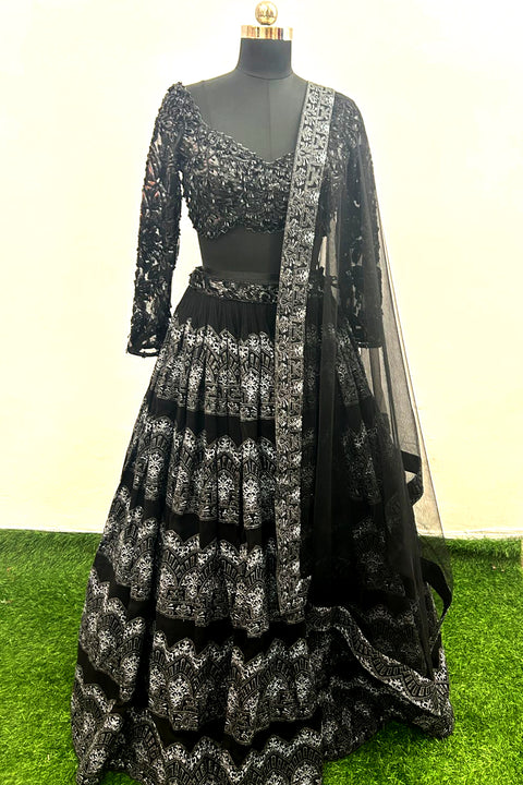 Black Georgette Cutdana Embroidered Lehenga Set For Party Wear (D384)