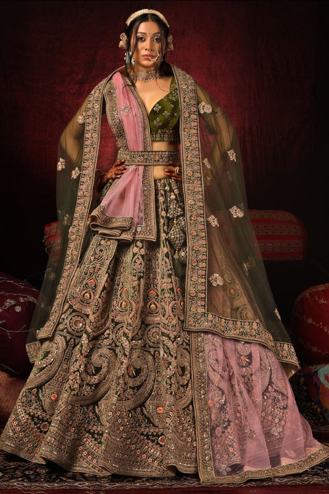 Designer Bridal Heritage Premium Mehandi Green Color Heavy Embroidered Velvet Lehenga Choli (D385)