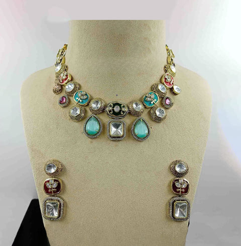 Designer Multi Color Royal Kundan Necklace with Earrings (D899)