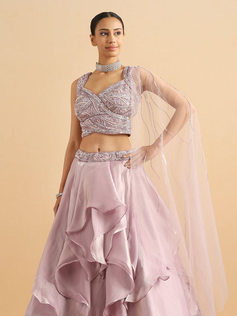 Light Purple Organza Embroidered Sequin Cutdana Embellished Blouse Lehenga Set For Women (D44)