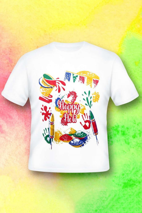 Printed Colorful Holi Tshirt (Happy Holi) for Holi Festival Round Neck, Half Sleeve, Poly Cotton White T-Shirt | Holi Tshirt for Men / Women (D2)