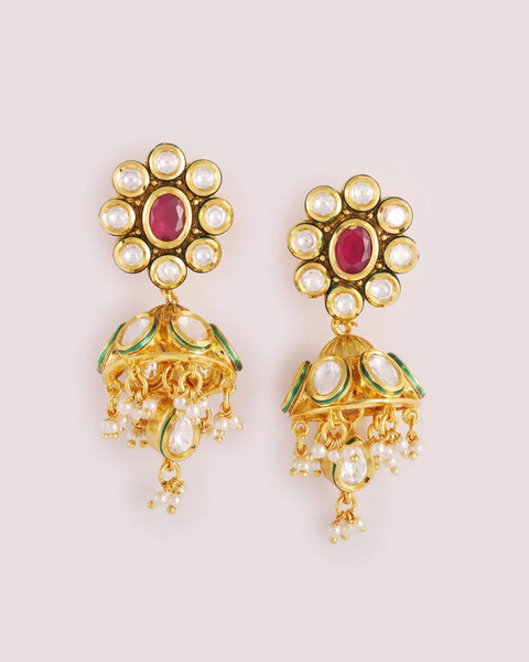 Gold Plated Beautifully Royal Kundan Beaded Jhumki Style Earrings (E796)