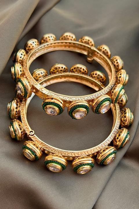 Designer Gold Plated Royal Kundan & Emerald Openable Bracelet (D179)