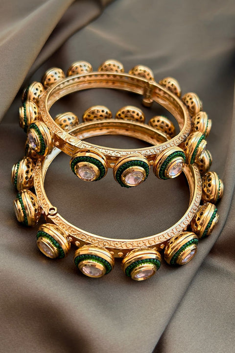 Designer Gold Plated Royal Kundan & Emerald Openable Bracelet (D179)